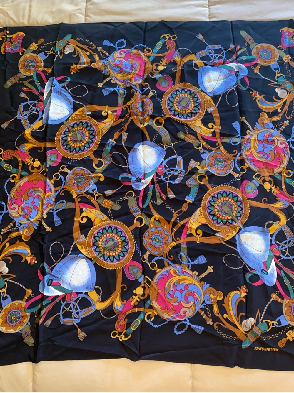 Jones New York Navy Scarf with Gold, Pink & Blue Medallion Print 30” Sq